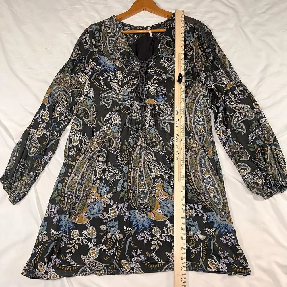 Free People Rain or Shine Tunic Dress Size M Floral Paisley Lace Up Crochet Mini